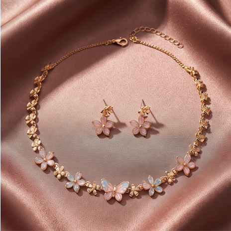 Pastel Butterfly and Blossom Necklace and Earrings Set