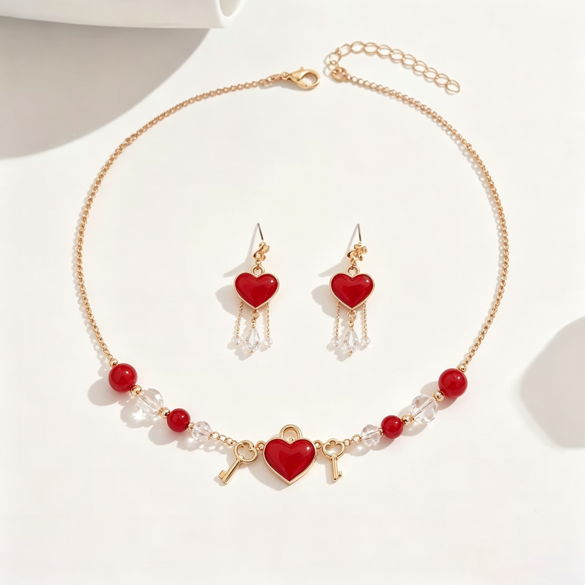Crimson Heart Lock and Key Necklace and Earrings Set