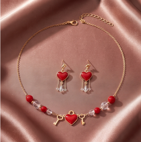Crimson Heart Lock and Key Necklace and Earrings Set