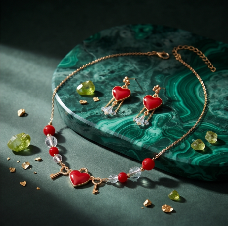 Crimson Heart Lock and Key Necklace and Earrings Set
