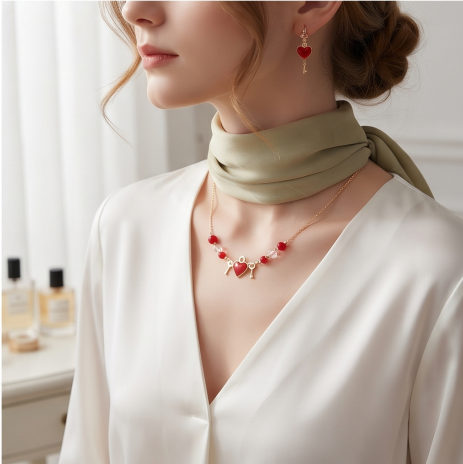 Crimson Heart Lock and Key Necklace and Earrings Set