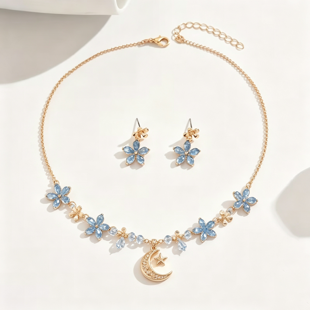 Celestial Blue Blossom and Crescent Moon Necklace and Earrings Set