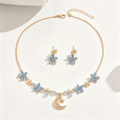 Celestial Blue Blossom and Crescent Moon Necklace and Earrings Set