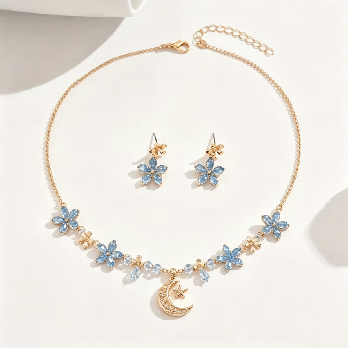 Celestial Blue Blossom and Crescent Moon Necklace and Earrings Set