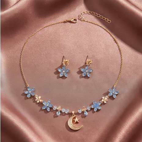 Celestial Blue Blossom and Crescent Moon Necklace and Earrings Set