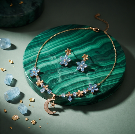 Celestial Blue Blossom and Crescent Moon Necklace and Earrings Set