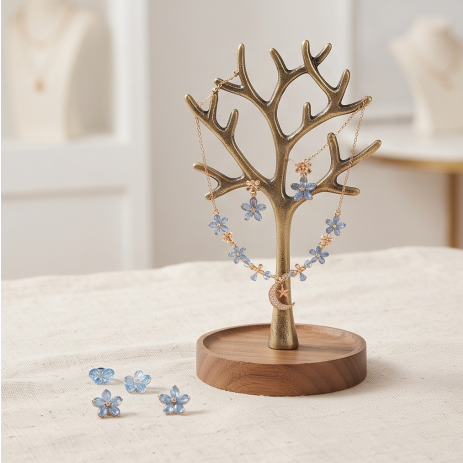 Celestial Blue Blossom and Crescent Moon Necklace and Earrings Set