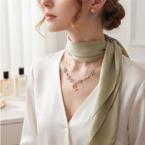 Celestial Blue Blossom and Crescent Moon Necklace and Earrings Set